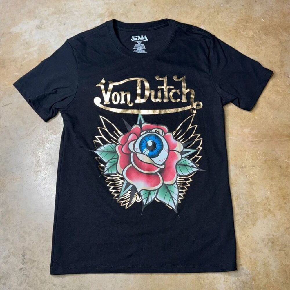 Von Dutch Men Black Rose Eye Gold Graphic Short Sleeve T Shirt Size Small